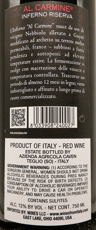 
                      
                        Valtellina Superiore Riserva 2015, Al Carmine, Inferno label
                      
                    