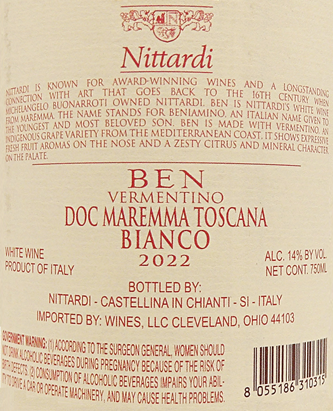 Vermentino, 2022 Ben By Nittardi label