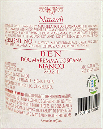 Vermentino, 2024 Ben By Nittardi label