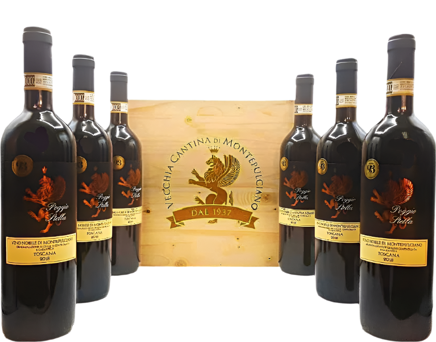 Vino Nobile 2018 by Poggio Stella Six in a Wooden Box, Tuscany, Italy