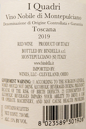 Vino Nobile di Montepulciano DOCG 2019, Quadri - By Bindella, Tre Bicchieri, Gambero Rosso label