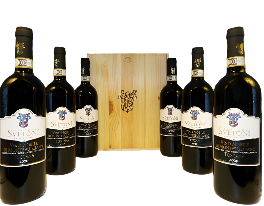 Vino Nobile di Montepulciano, 2020 by Fattoria Svetoni Six in a Wooden