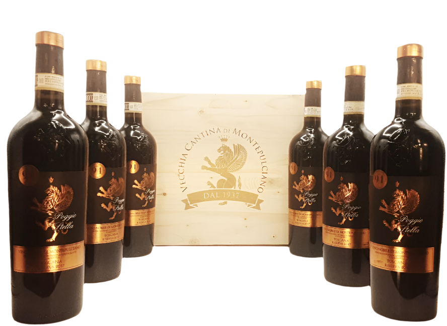 Vino Nobile Riserva 2017 by Poggio Stella Six in a Wooden Box, Tuscany, Italy