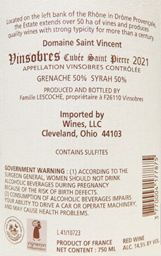 Vinsobres Cru Rouge, 2021 Saint Pierre by Domaine St Vincent, Rhone, France label
