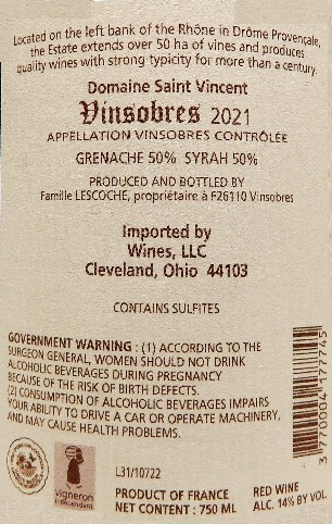 Vinsobres Cru Rouge, 2021 By Domaine St Vincent, Rhone, France label