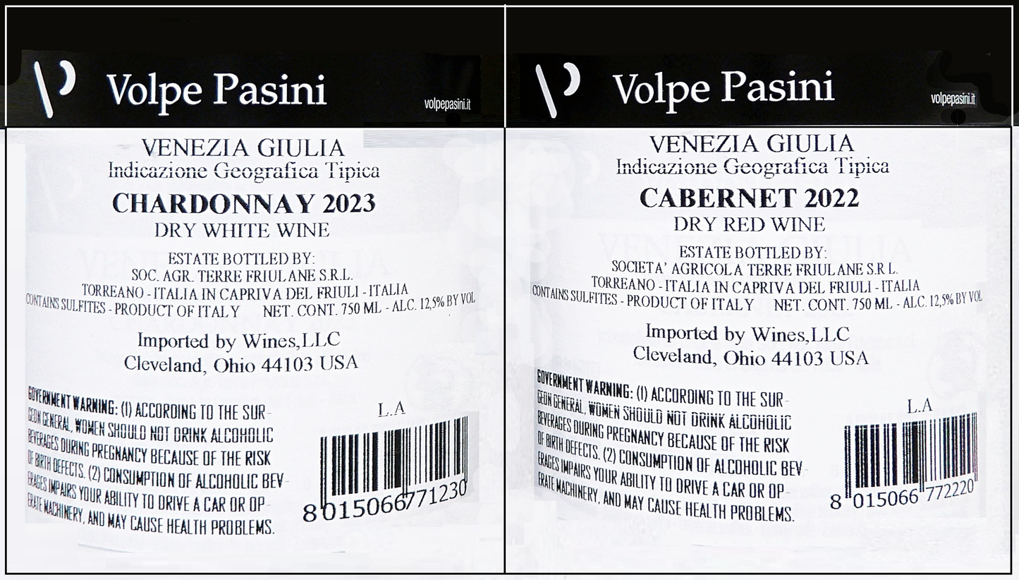 Volpe Pasini Six Bottles, 3 Chardonnay, 3 Cabernet label