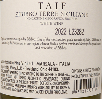 Zibibbo, 2022 , Taif By Fina in Western Sicily lable