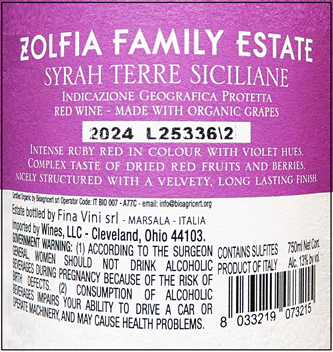 Zolfia Syrah, Sicilian Red by Fina Winery in Sicily label