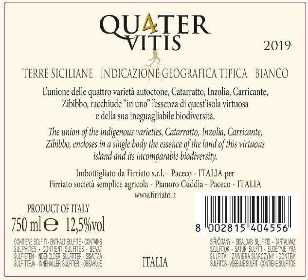 Quater Vitis Bianco, 2020, Igt Terre Siciliane  By Firriato, Due Bicchieri - Wines From Italy