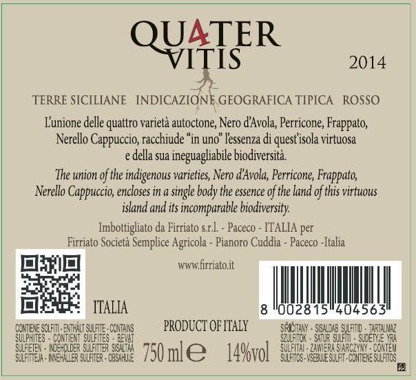 Quater Vitis Rosso, 2016 Igt Terre Siciliane  By Firriato - Wines From Italy